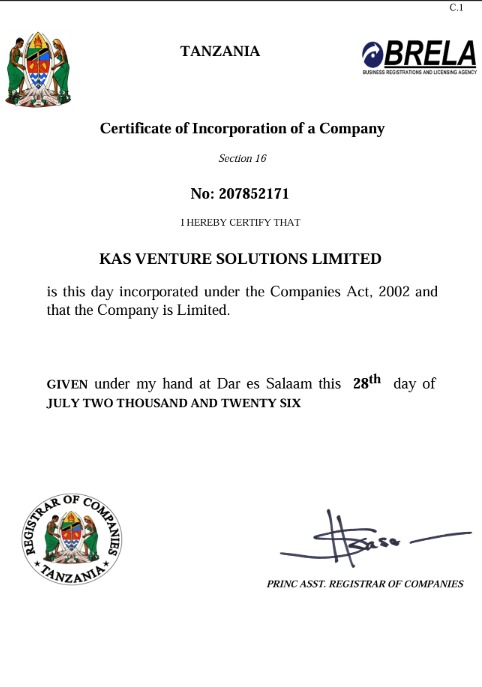 BRELA Certificate of Incorporation